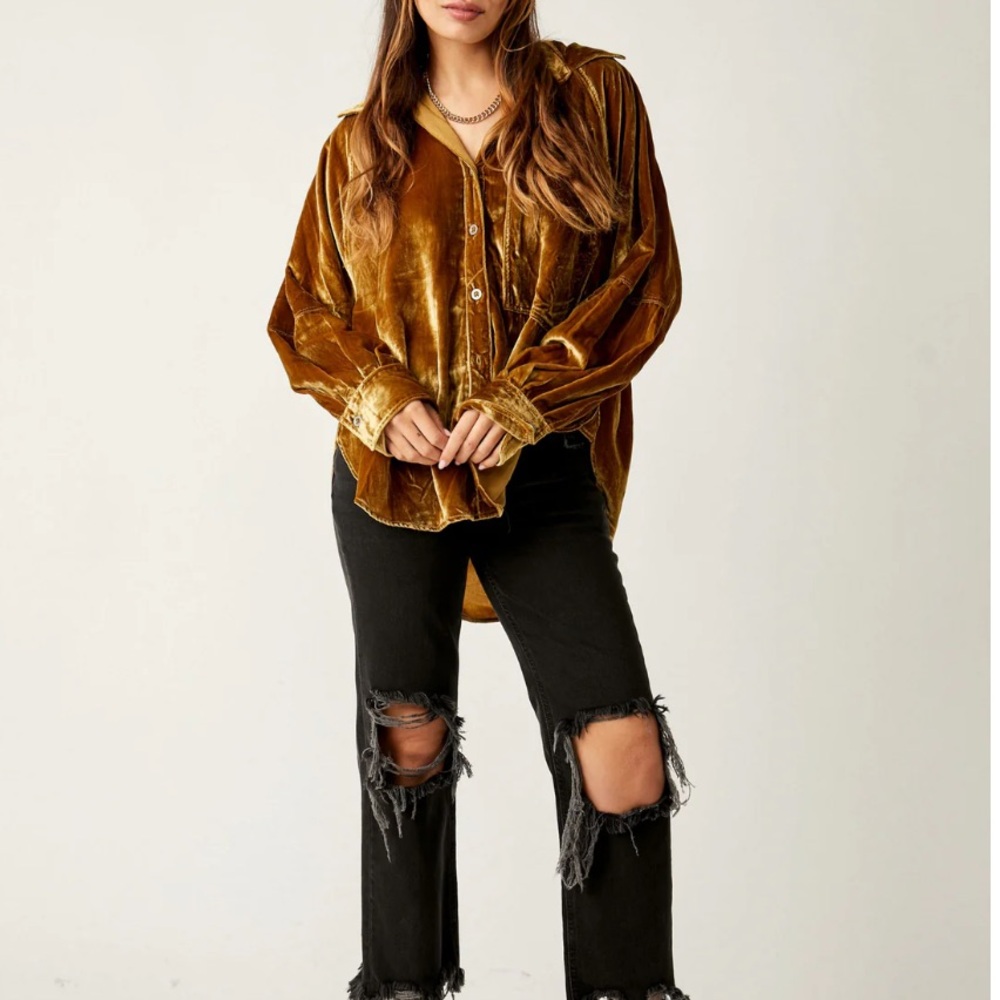FREE PEOPLE We the Free Night Skies Velvet Shirt - Golden Brown, Large